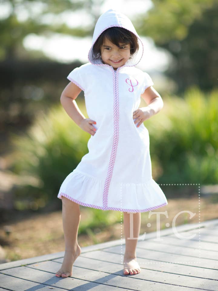 Girls Terry Cover Up -  Pink Seersucker Trim for wholesale by Love That Cotton