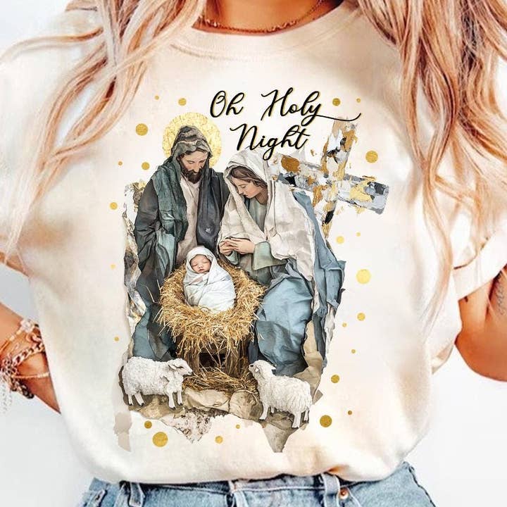 NVC Ecommerce LLC - Wholesale T-Shirt (Graphic) - Women's - Coquette Jesus Christmas Shirt, Oh Holy Night Sweatshirt