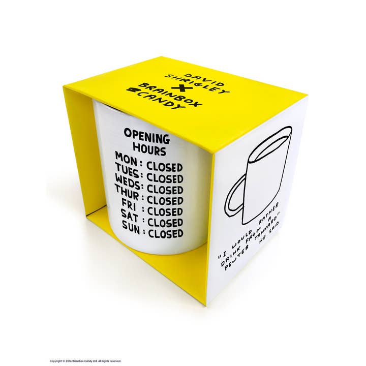David Shrigley x Brainbox Candy - Wholesale Coffee Mug - Funny Gift David Shrigley Mug - Opening Hours1