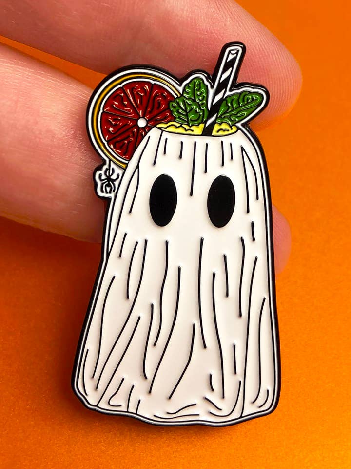 Summerween Pin, Halloween Tiki Ghost, Spooky Gothic Cocktail for wholesale by Carrie Anne Hudson Art