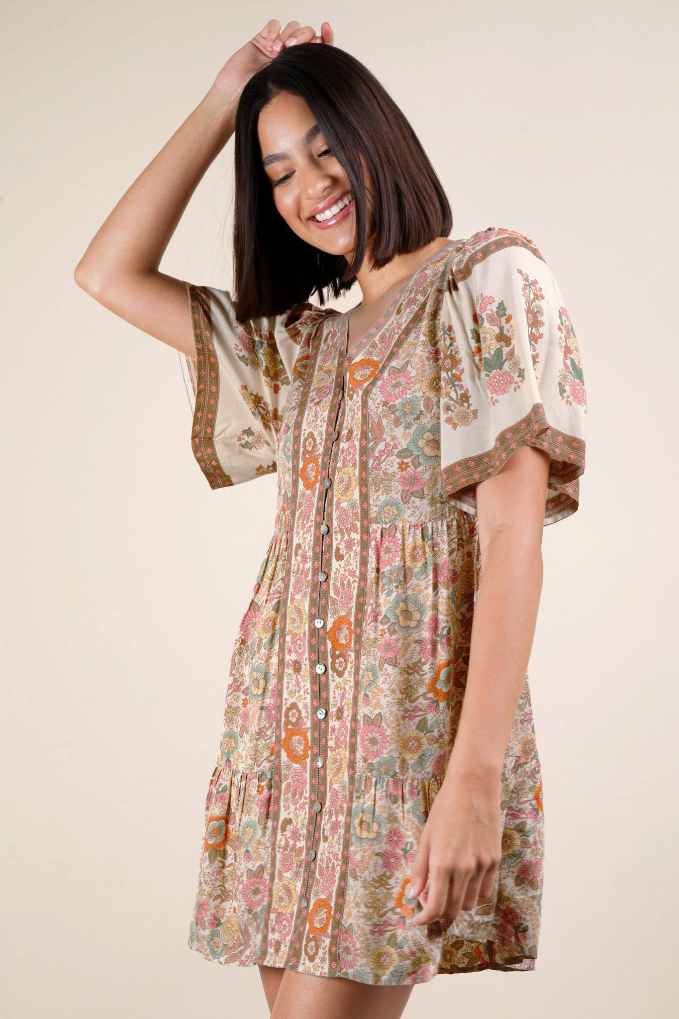 VERY J - Wholesale Dress - Women's - ND31637-Shirring Detail Printed Woven Mini Dress12