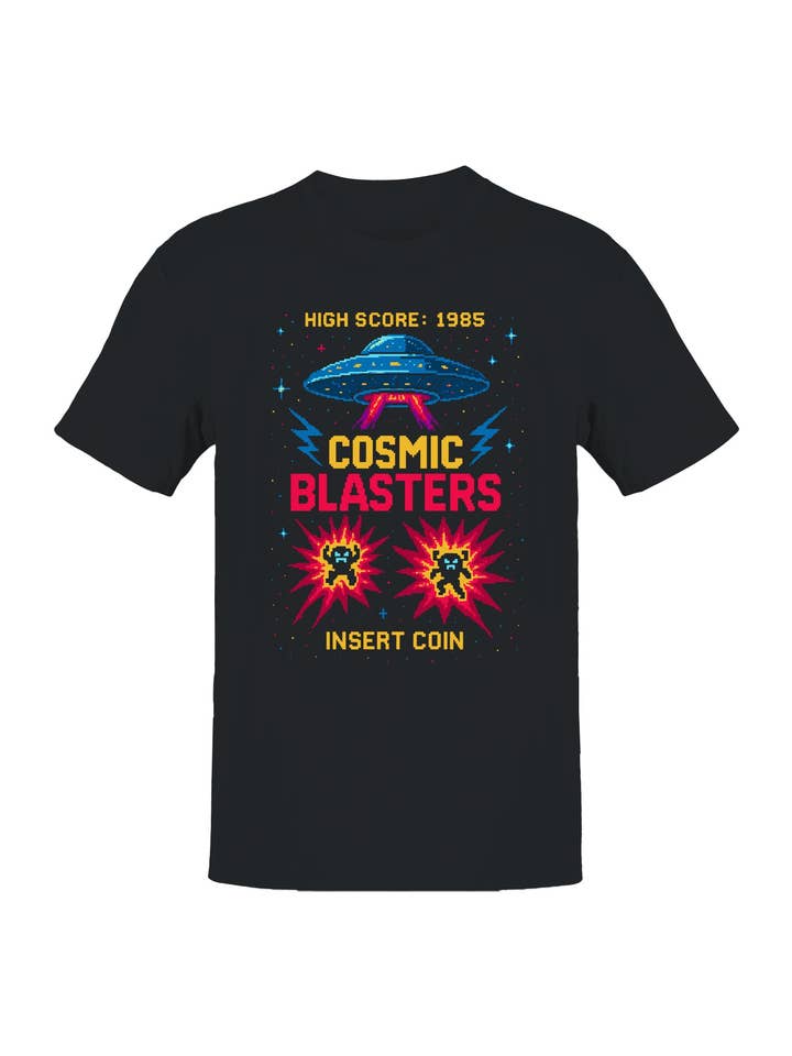 Cosmic Blasters Retro Arcade Art Men's T-shirt for wholesale by TShirtGuys.com
