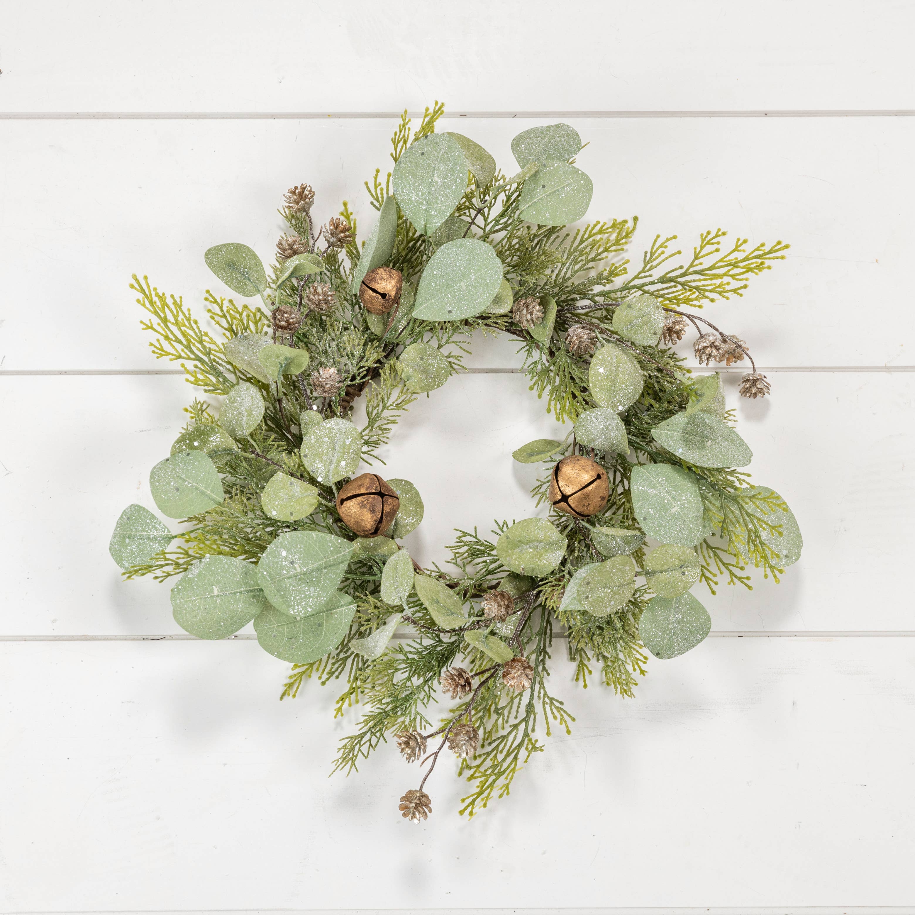 Ragon House - Wholesale Wreath - 14" CEDAR, CONES, EUCALYPTUS & JINGLE BELL CANDLE RING1