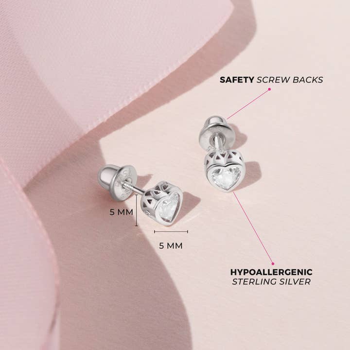 In Season Jewelry - Wholesale Earrings - Kids - CZ Birthstone Heart Toddler Kids Earrings - Sterling Silver3