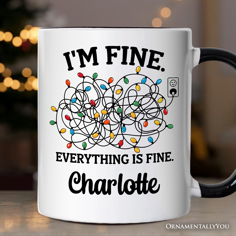 White Black Handle I’m Fine Christmas Lights Gift Mug, Funny Holiday Humor Gift for wholesale on Faire2