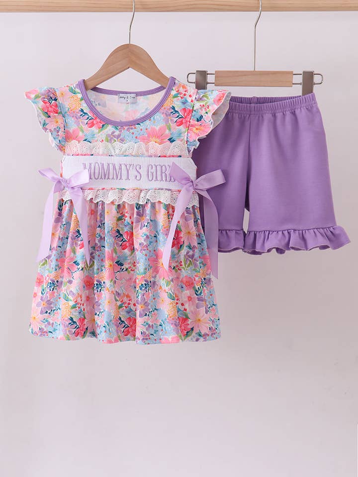 Purple MOMMY'S GIRL smocked ruffle shorts set for wholesale by Aspen Rain Boutique