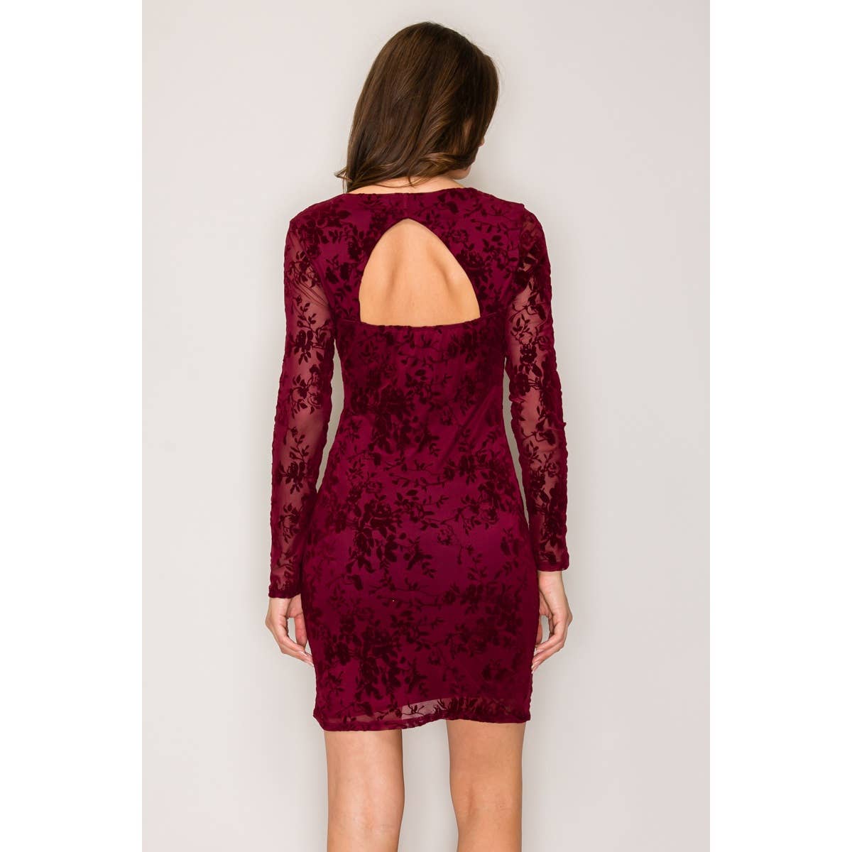 Popular 21 - Wholesale Dress - Women's - Long Sleeve Flocked Mesh Mini Dress with Cutout Back8