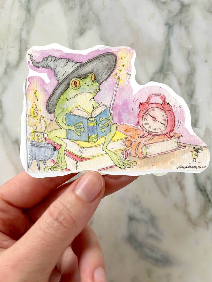 XL Funny Frog Wizard Art Sticker Whimsical Books Magic Vinyl for wholesale by Maya Shari Studio