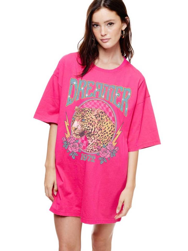 Zutter - Wholesale Screen Printed T-Shirt - Women's - Dreamer 1972 Leopard Vitage Graphic Oversized Tee