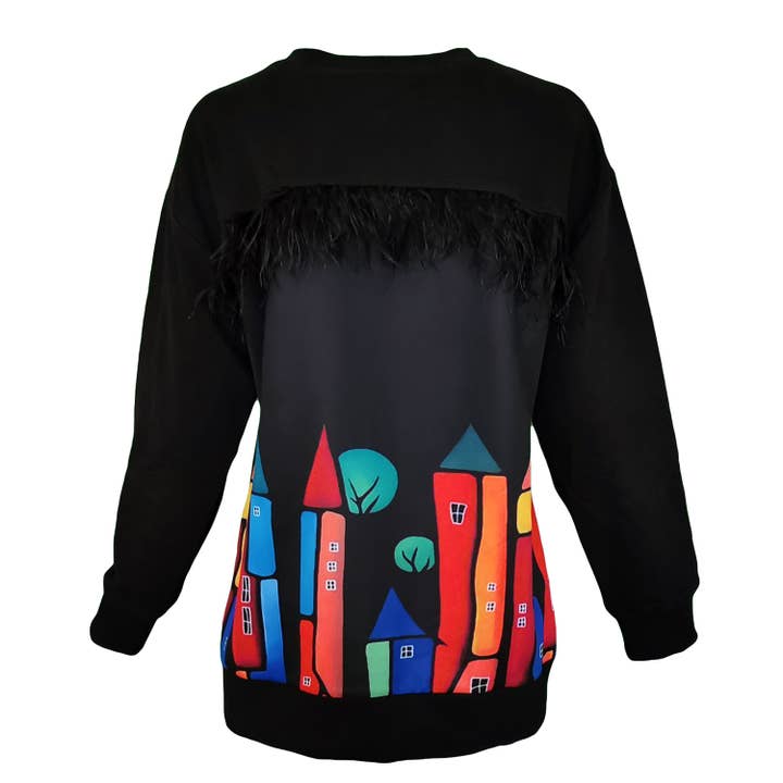 Sort Bomuld Sweatshirt Med Farverige House Print for engroshandel hos Lalipop Design