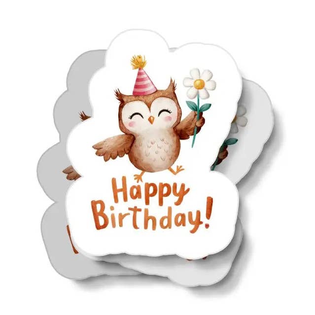 Autocollant Imperméable Joyeux Anniversaire Chouette pour la vente par JE Creates