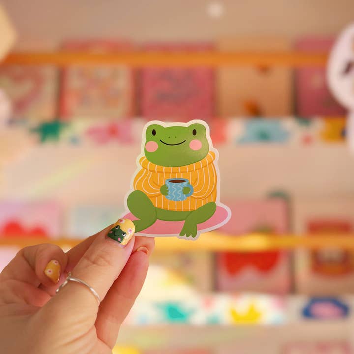 Franklin The Cosy Frog Sticker | Waterproof Vinyl Sticker for wholesale by The Happy Badger