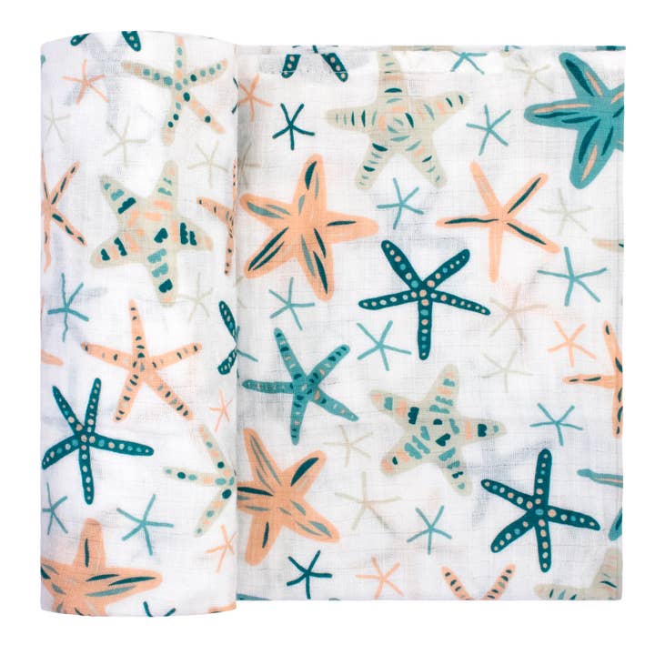 Muslin Swaddle Blanket Neutral for Newborn Boys and Girls Blue Coral Starfish for wholesale by Adam Stork