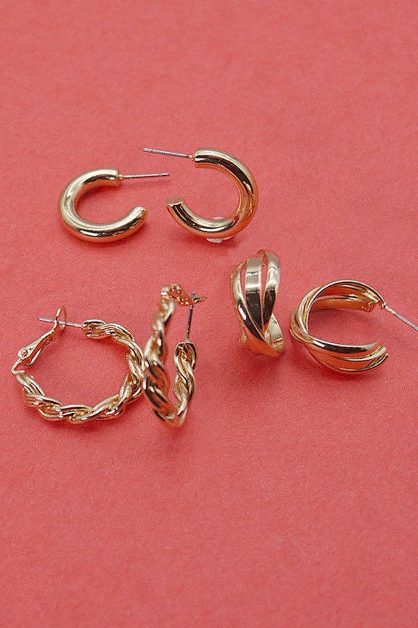 GOLD TWISTED TRIO HOOP EARRINGS | 31E23146 for wholesale on Faire1