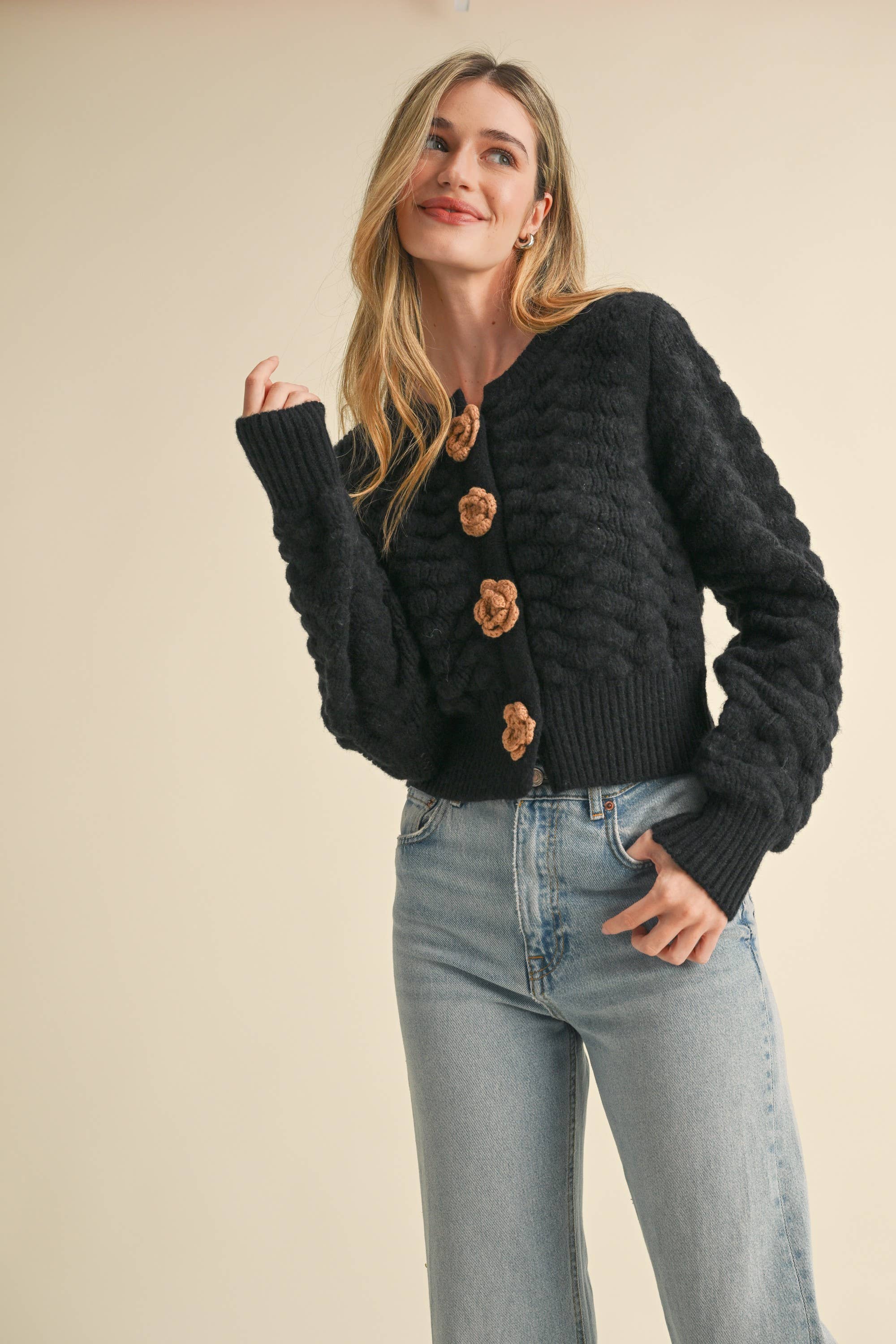 &MERCI - Wholesale Cardigan - Women's - TEXTURED SWEATER CARDIGAN WITH KNIT ROSETTE DETAIL MSW1073517