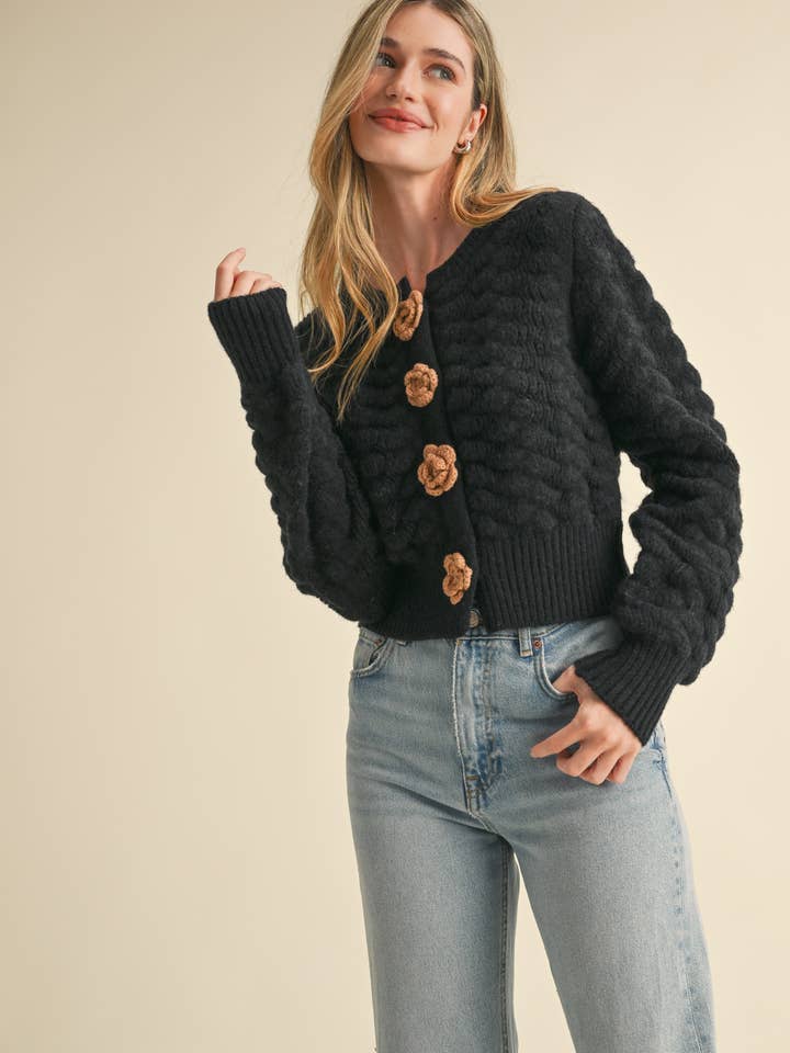 &MERCI - Wholesale Cardigan - Women's - TEXTURED SWEATER CARDIGAN WITH KNIT ROSETTE DETAIL MSW1073517