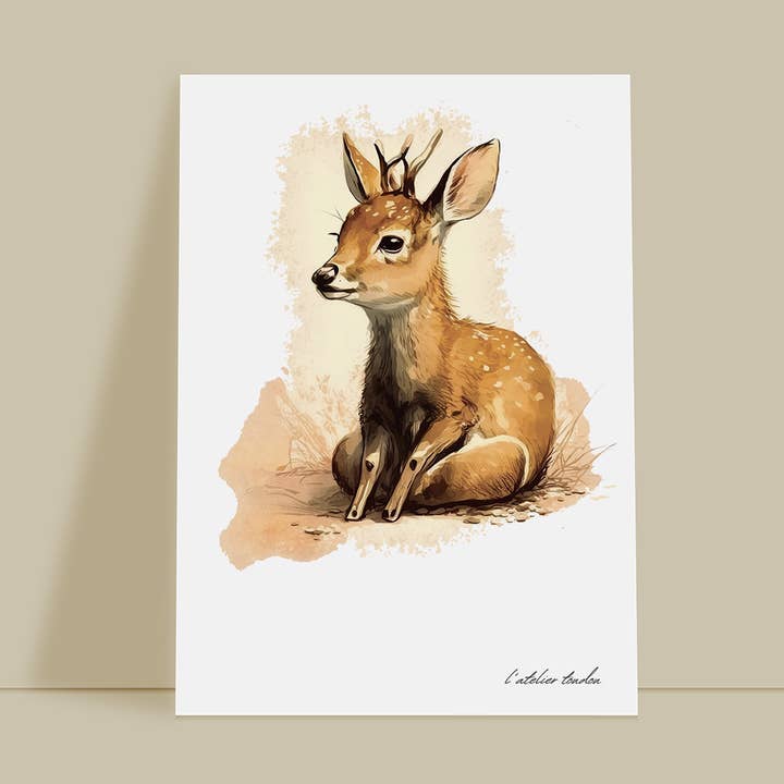 Muurdecoratie voor de babykamer met herten - realistisch aquarel dierenthema voor wholesale door L'atelier Toudou