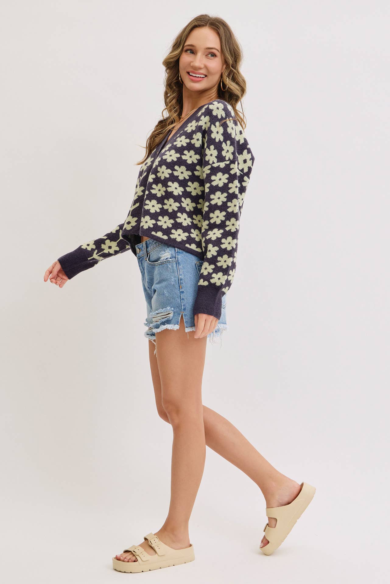NAVY COZY PLAYFUL CASUAL FLORAL PRINT SWEATER KNIT CARDIGAN for wholesale on Faire12