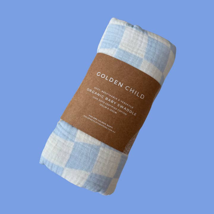 Golden Child - Wholesale Swaddle - Baby - Wavy Baby Checked Organic Cotton Baby Swaddle - Ocean5
