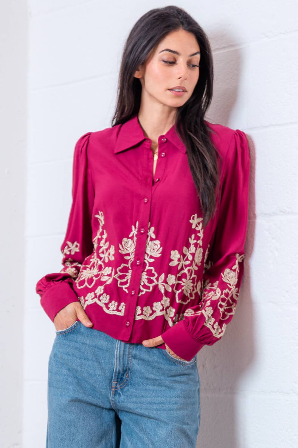 Taelynn - Wholesale Button Down Shirt - Women's - HT28837T-LONG SLV WITH COLLAR BUTTON DOWN FLOWER EMBO SHIRT7