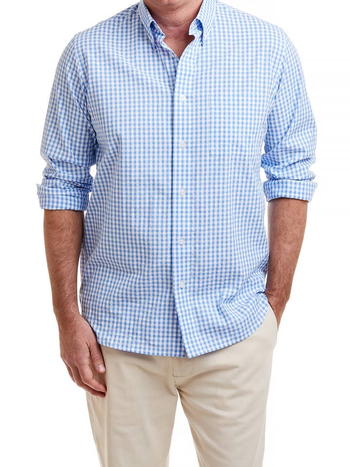 Chemise Chase en seersucker vichy bleu pour la vente par Castaway Clothing Nantucket Island