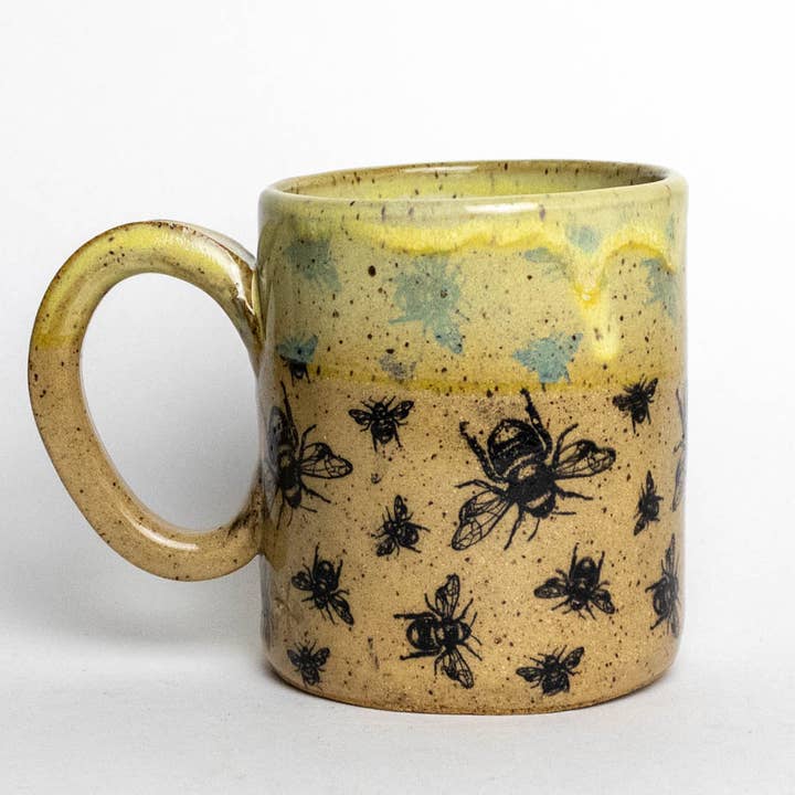 White Squirrel Clayworks - Wholesale Coffee mug - LIMITED Bee Pattern w/ Yellow Dip Handmade Ceramic 12oz Mug1