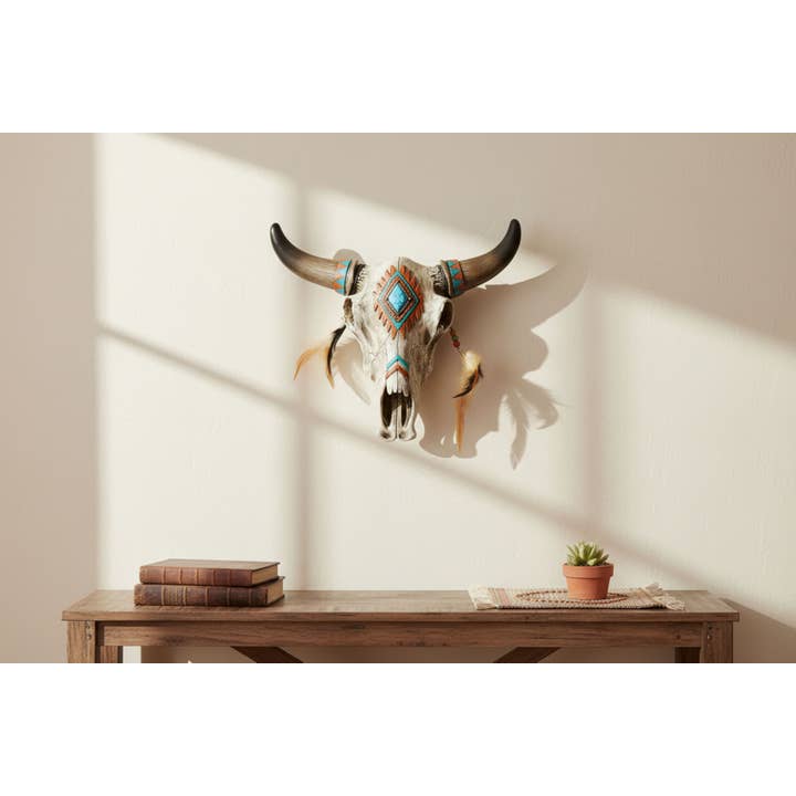 Southwest Tribal Bull Cow Skull Feathers Hanging Wall Décor for wholesale by De Leon Collections