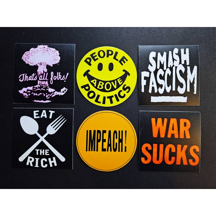 Vintage Reproduktion Politiske 3-tommer Vinyl Klistermærker sæt02 for engroshandel hos Flip The Record