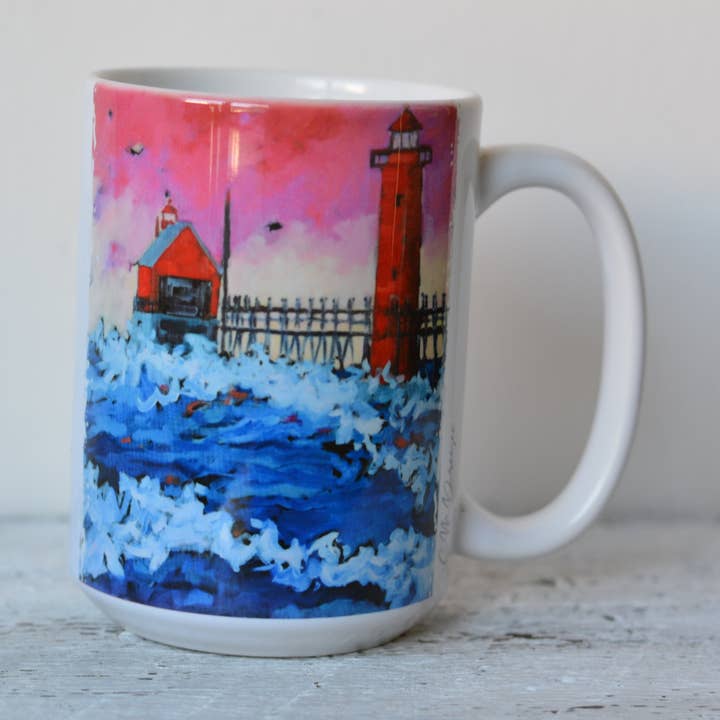 Drinkware -Pink Sky at Night Grand Haven Lighthouse Michigan. for wholesale by Dreese Fine Art