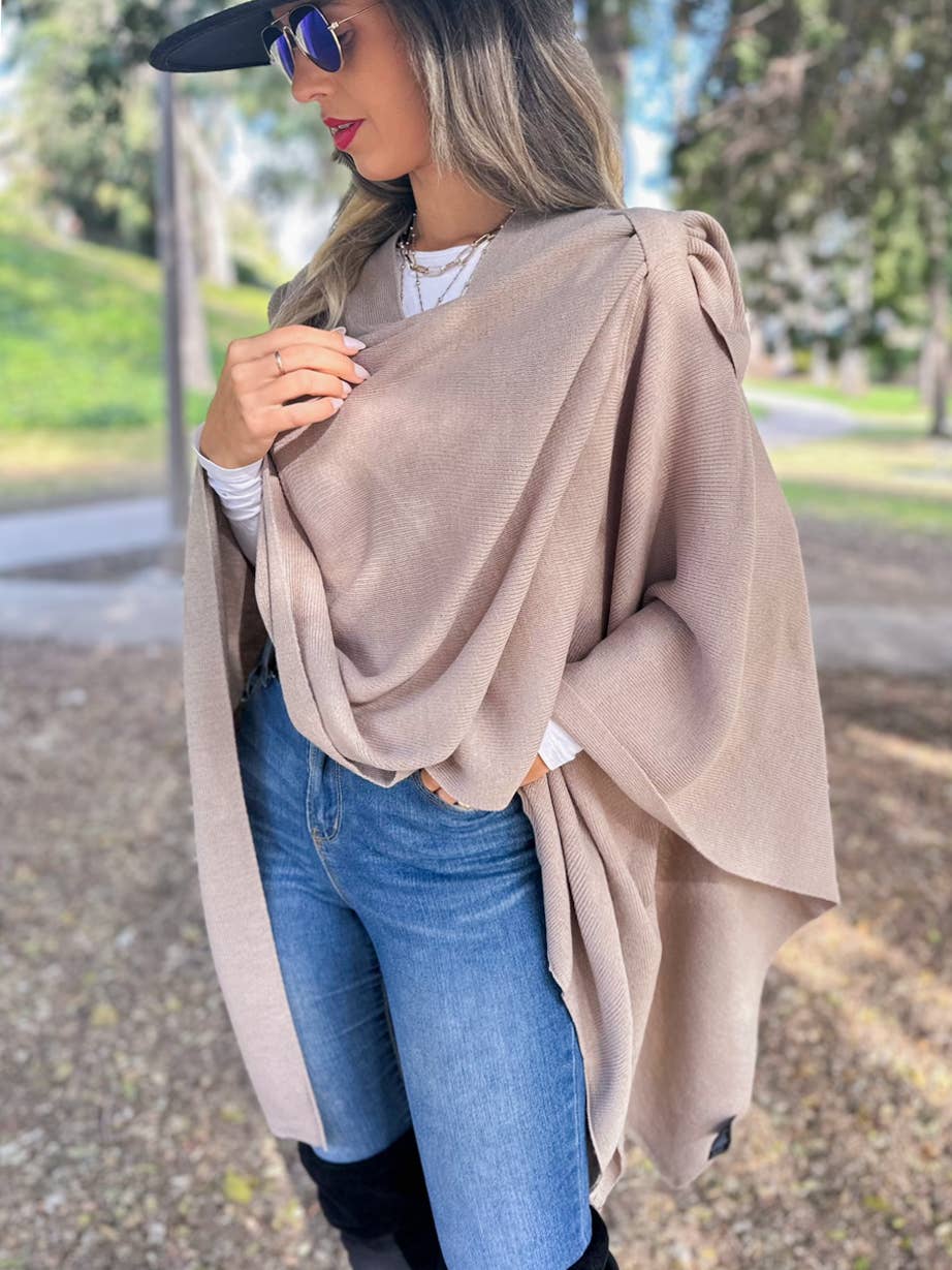 Taupe Solid Knit Ruana Shawl with Shoulder Strap for wholesale on Faire0