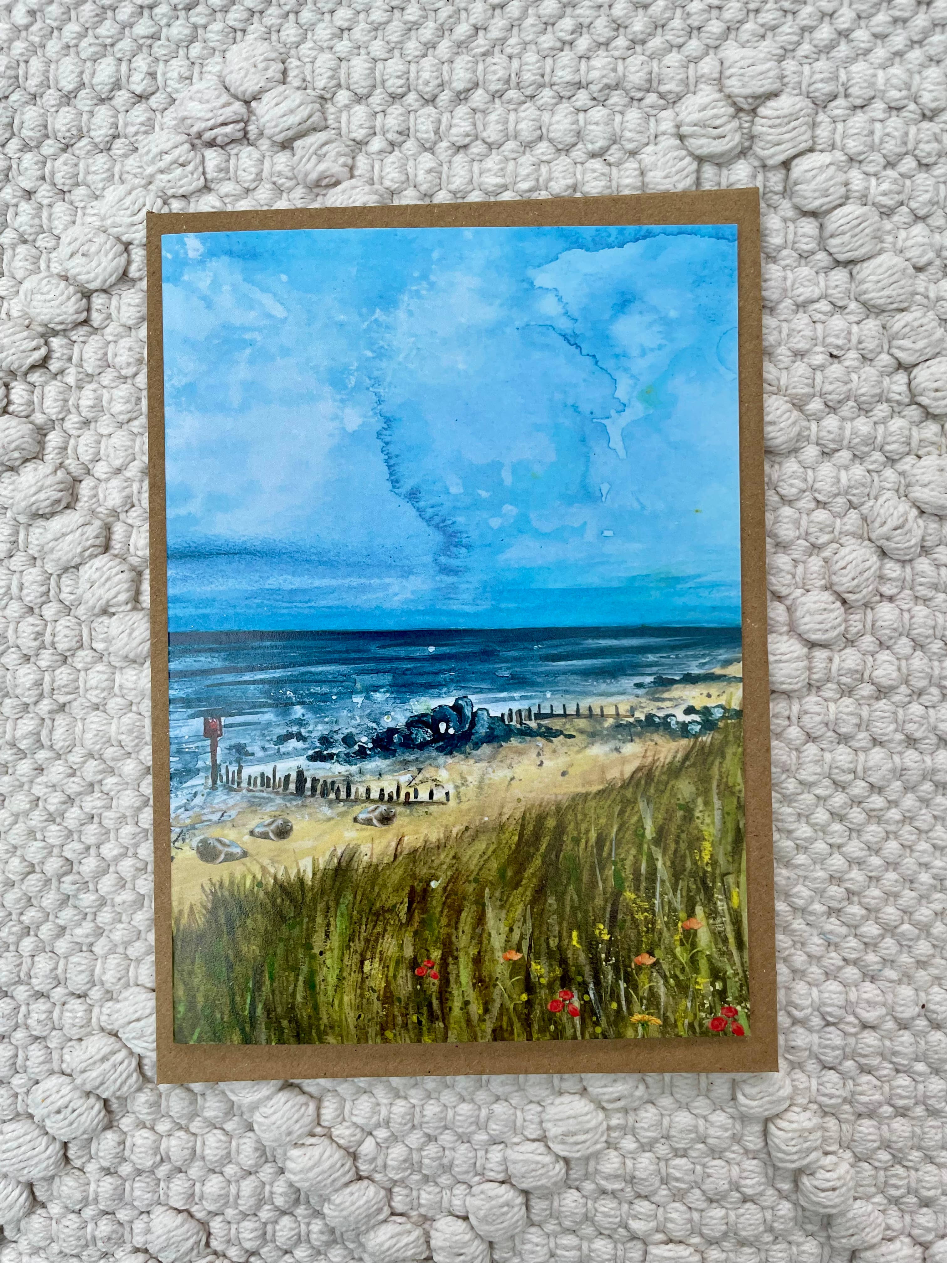 Charlotte Stone Art - Vente Carte de vœux classique - Carte de vœux écologique Mer Sable et Phoques - Art Couleur Côte Mer2