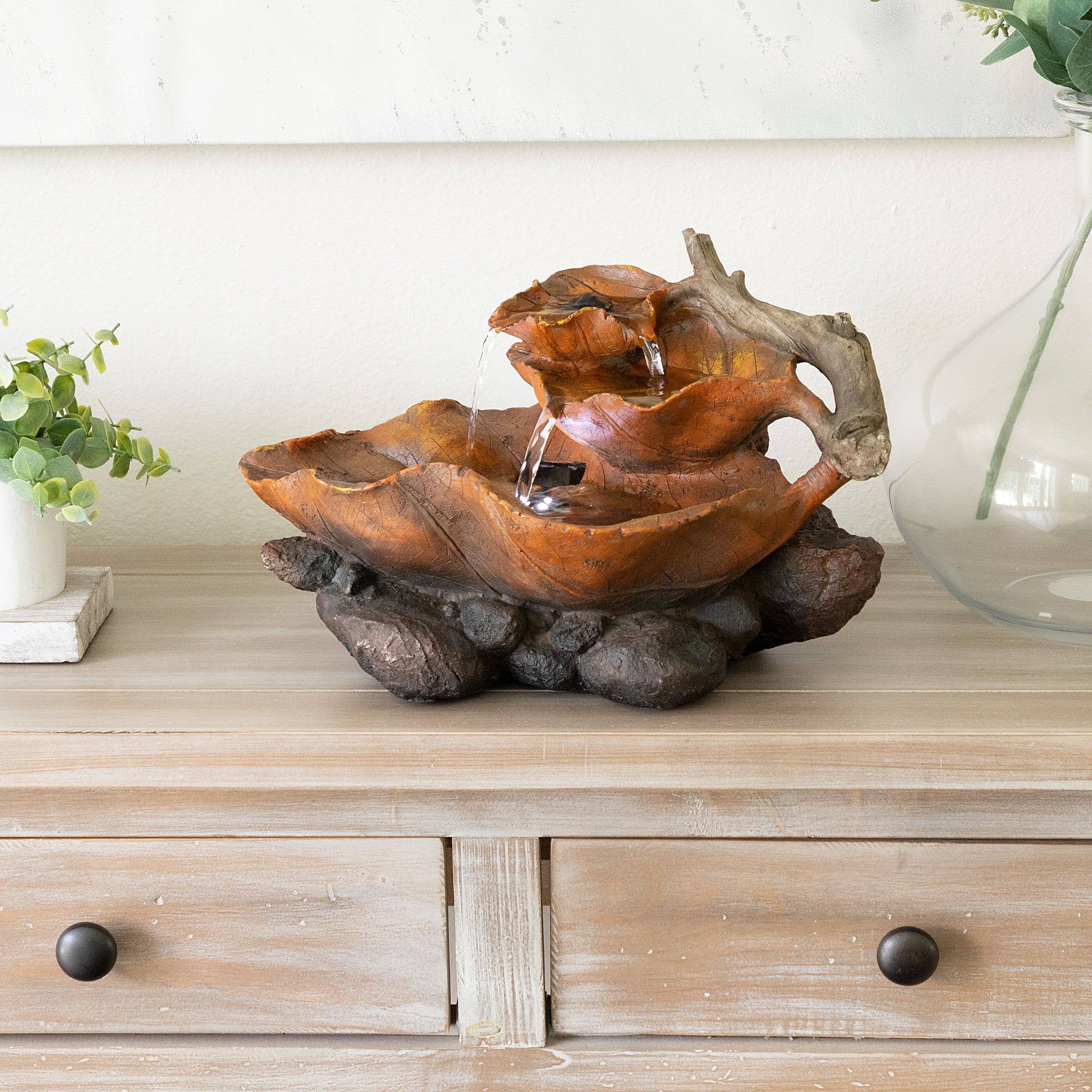 Alpine Corporation - Wholesale Decorative Tabletop Object - Alpine Corporation Tiered Leaf Tabletop Fountain w/White LED