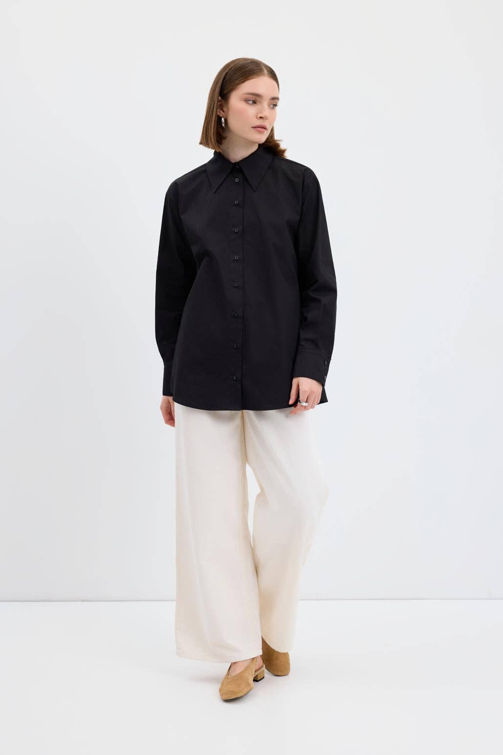 Kadriye Baştürk - Wholesale Button Down Shirt - Women's - Cotton Basic Shirt Black1