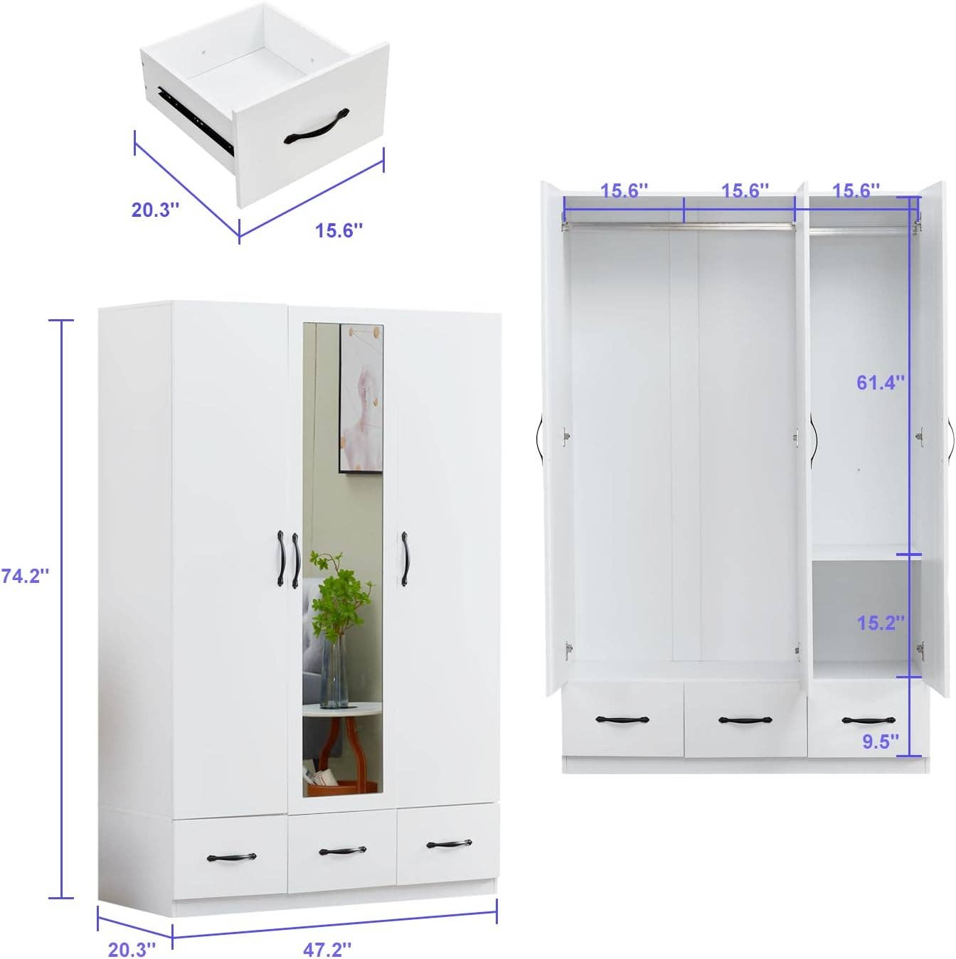 Livelylodge - Wholesale Bedroom Furniture - Wood 3 Door Armoire Wardrobe with Mirror White1