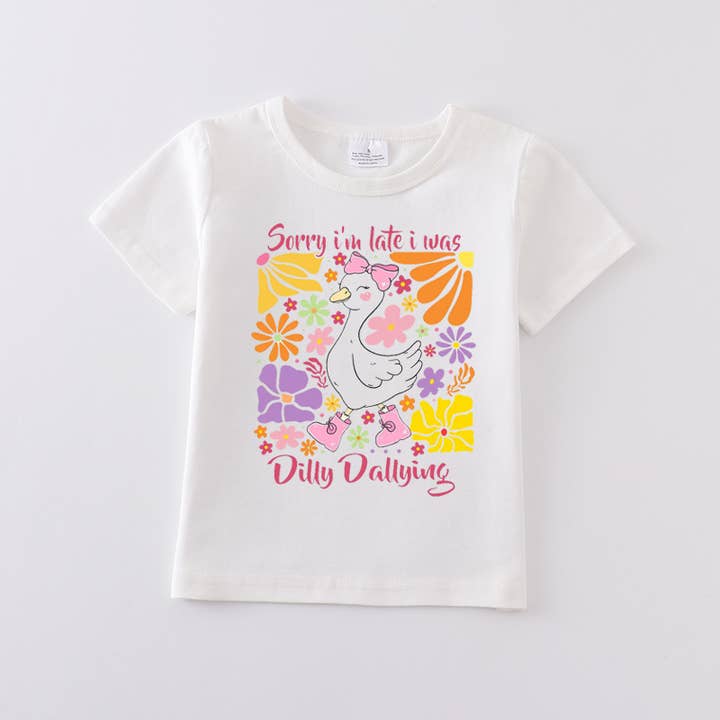 Auraquise - Vendita all'ingrosso Maglietta serigrafata - Bambini - Maglietta bianca in cotone con stampa oche multicolore per ragazze estate