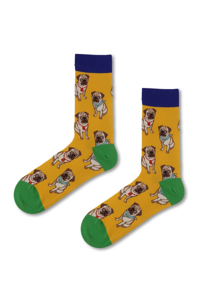 Ninety five thousand nine hundred fifty three Pug Dog Funny Socks 🐶💛🎉 for wholesale on Faire1