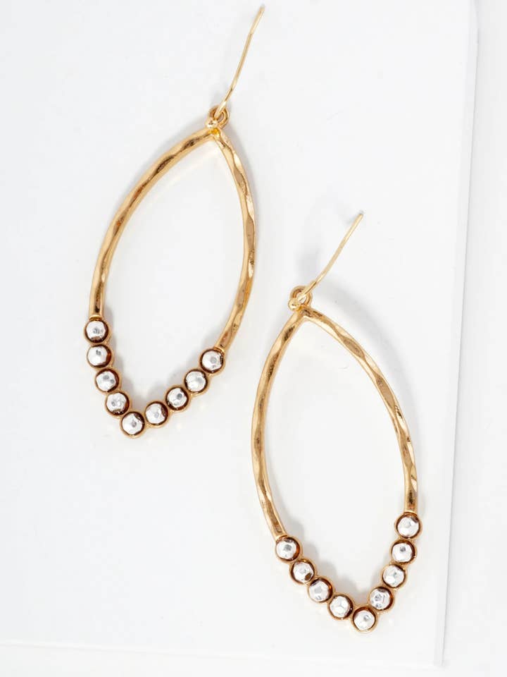 Faceted Metal Beaded Hammered-Texture Marquise-Shaped Dangle Earrings for wholesale by Wild Honey