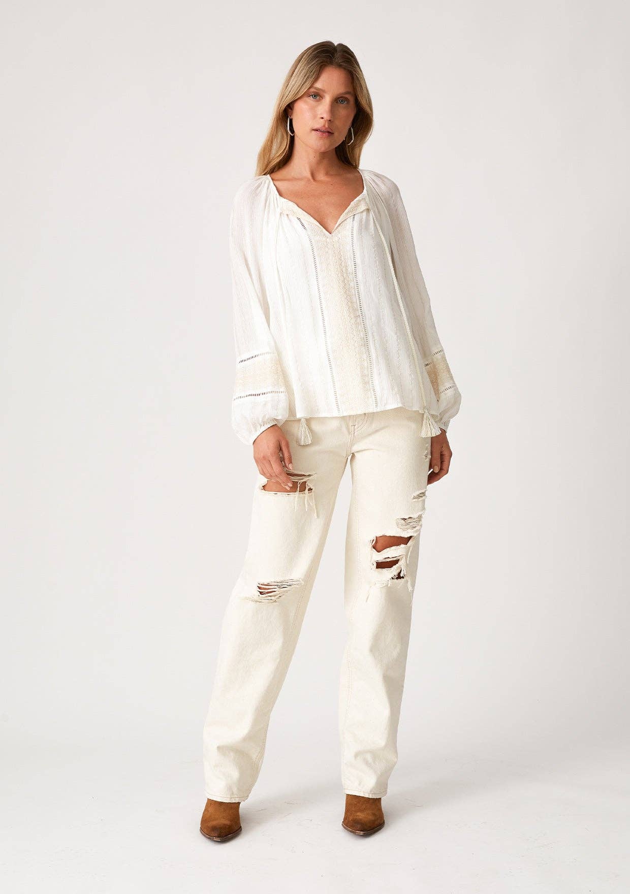 Lovestitch - Wholesale Blouse - Women's - Metallic Pinstripe Long Sleeve Peasant Blouse5