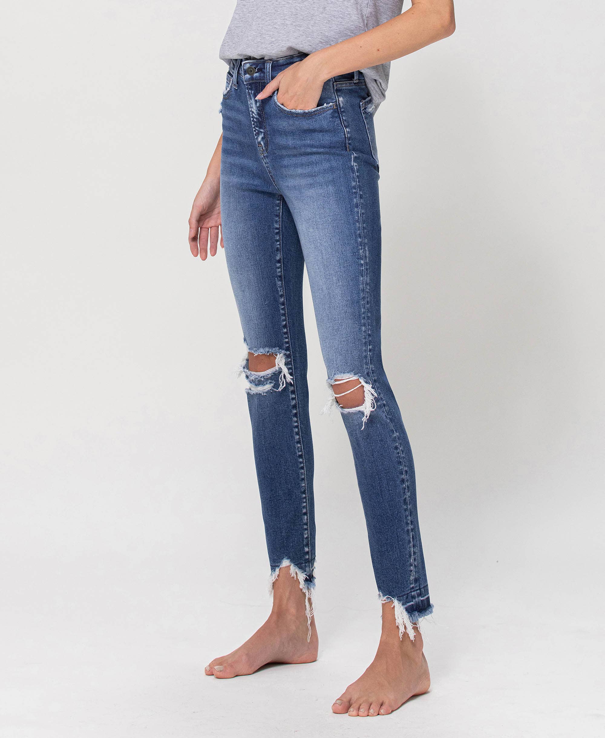 ROMANTIC CHILD HIGH RISE DISTRESSED ANKLE SKINNY JEANS F4422 for wholesale on Faire2