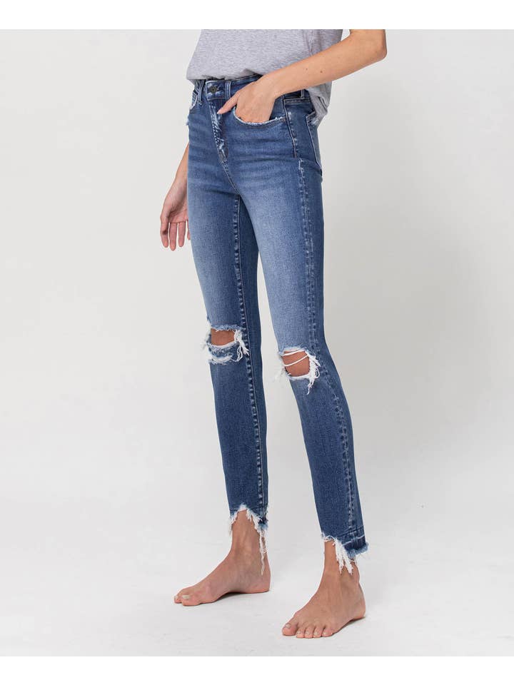 ROMANTIC CHILD HIGH RISE DISTRESSED ANKLE SKINNY JEANS F4422 for wholesale on Faire2