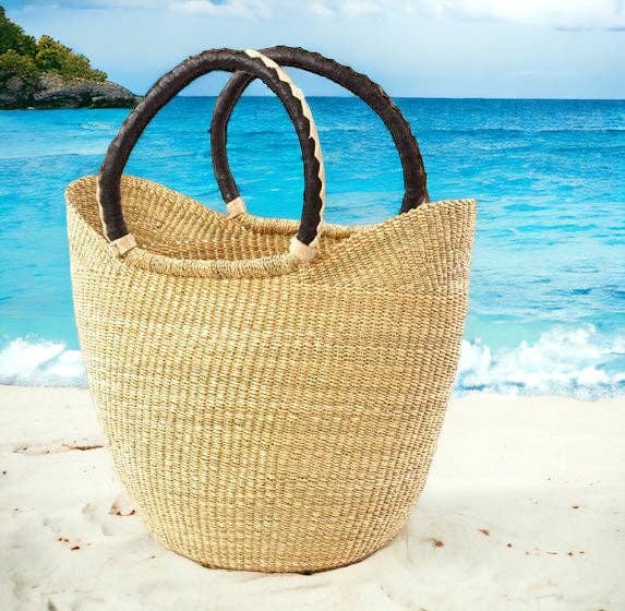 The African Home Goods - Wholesale Beach Bag - African Natural Ghana Beach Bag - Black & Tan Handles3