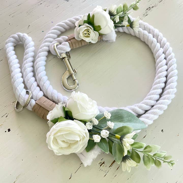 Wedding Dog Leash: White Rope with Flowers #2 for wholesale by Wolf and Wonder