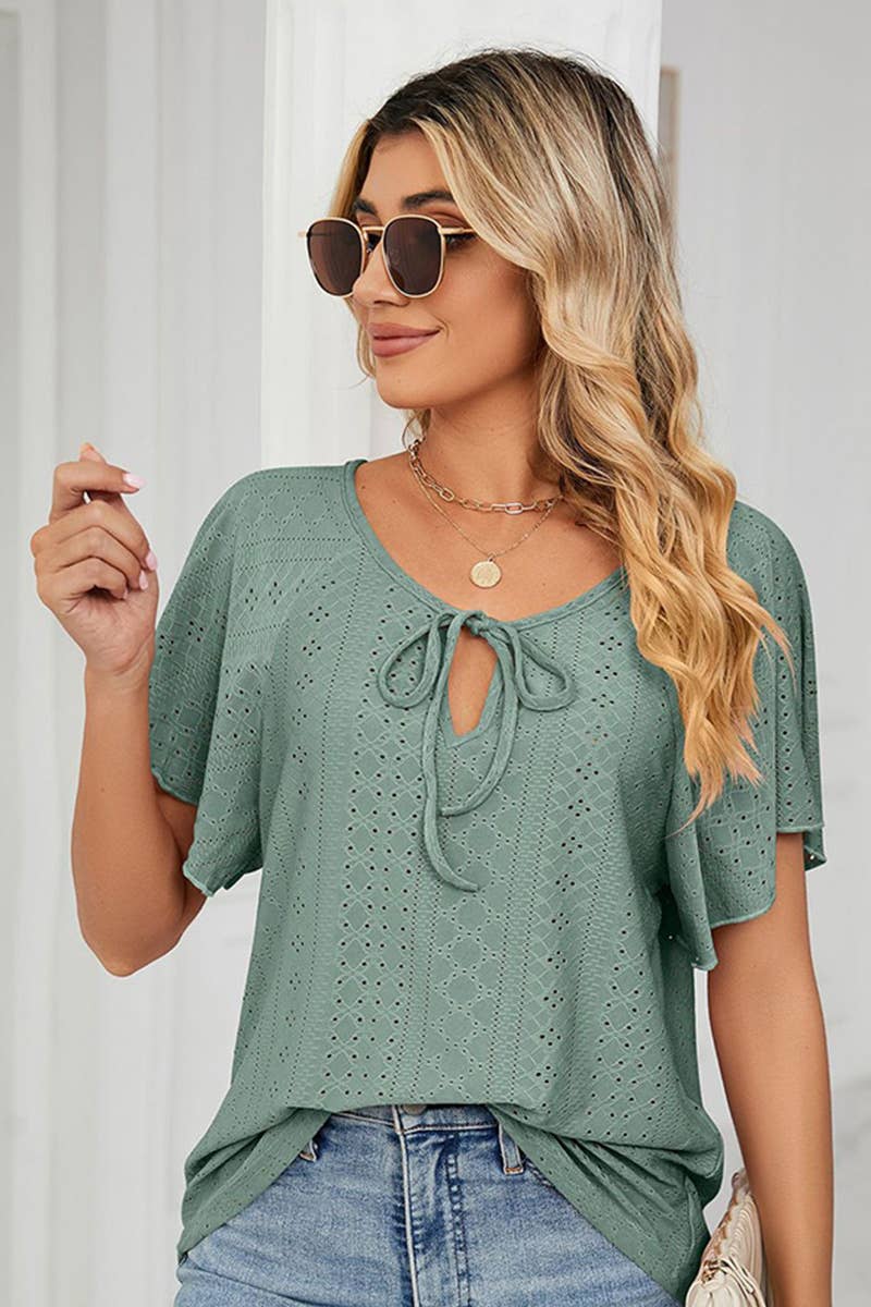 Lily Clothing - Wholesale Blouse - Women's - CWTTS0472_V NECK PUNCHING LACE UP RUFFLE LOOSE TOP10