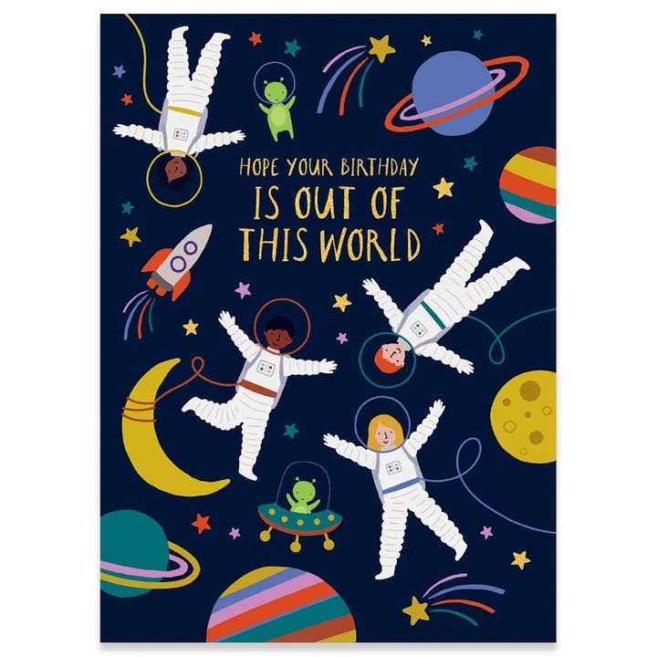 SPACEMEN BIRTHDAY GREETING CARD 4.5 x 6.25" for wholesale by Calypso Cards LLC