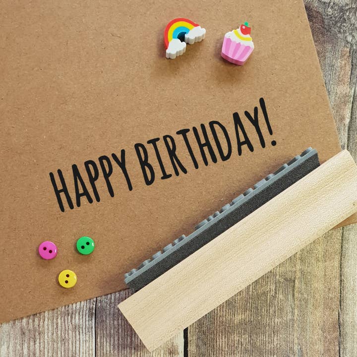 Happy Birthday Skinny Font Large Rubber Stamp for wholesale by Skull and Cross Buns Rubber Stamps