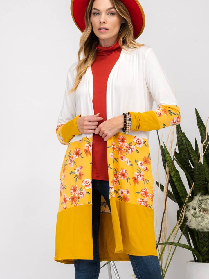 CARDIGÃ DE OUTONO FLORAL E BLOCO DE COR SÓLIDA PARA MULHERES - TAMANHO GRANDE por atacado de Celeste Clothing