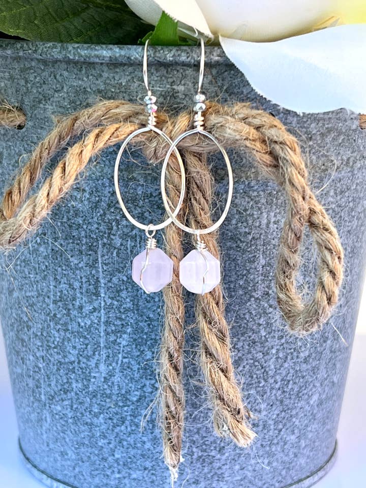 Oval Dangle Rose Quartz Prism Gemstone Earrings for wholesale by Beaded Vision Jewelry
