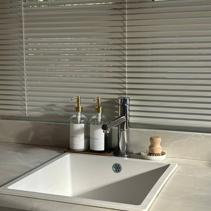 So At Nature - Wholesale Dish Soap - Luxury Clear Glass Bottle Set, Tray, Pot Brush and Ceramic Dish - Gold Metal Dispenser1