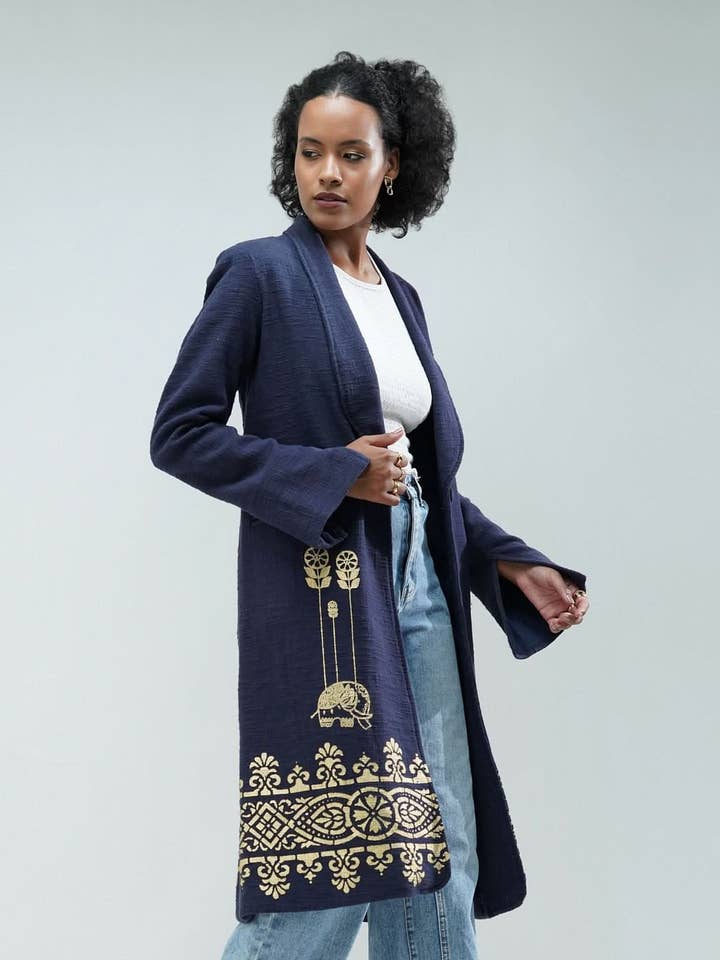 Nesavaali Handloom Cotton Metallic Print Long Coat for wholesale by Nesavaali Ltd