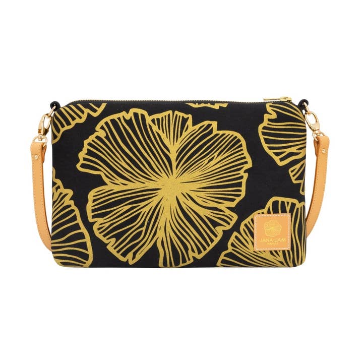 Slim Zipper Cross Body • Seaflower • Gold on Black Fabric for wholesale by Jana Lam